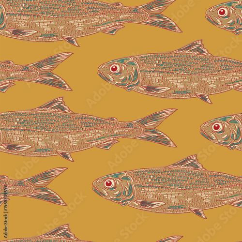 Modern illustration in retro style with sketch elements. Seamless pattern inspired by the Mediterranean