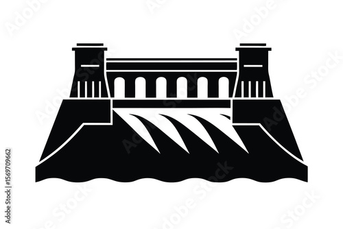 Hydroelectric Dam Black and White Vector Illustration Isolated