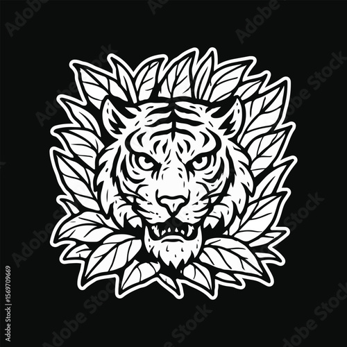 Black and White Tiger Head Illustration in leaves