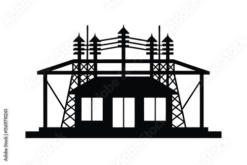 Black Silhouette of an Electrical Substation on White Background
