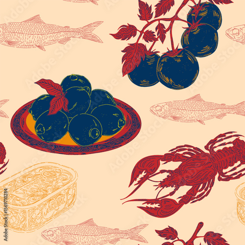 Modern illustration in retro style with sketch elements. Seamless pattern inspired by the Mediterranean