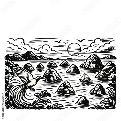 Illustration of Raja Ampat Islands in Black and White