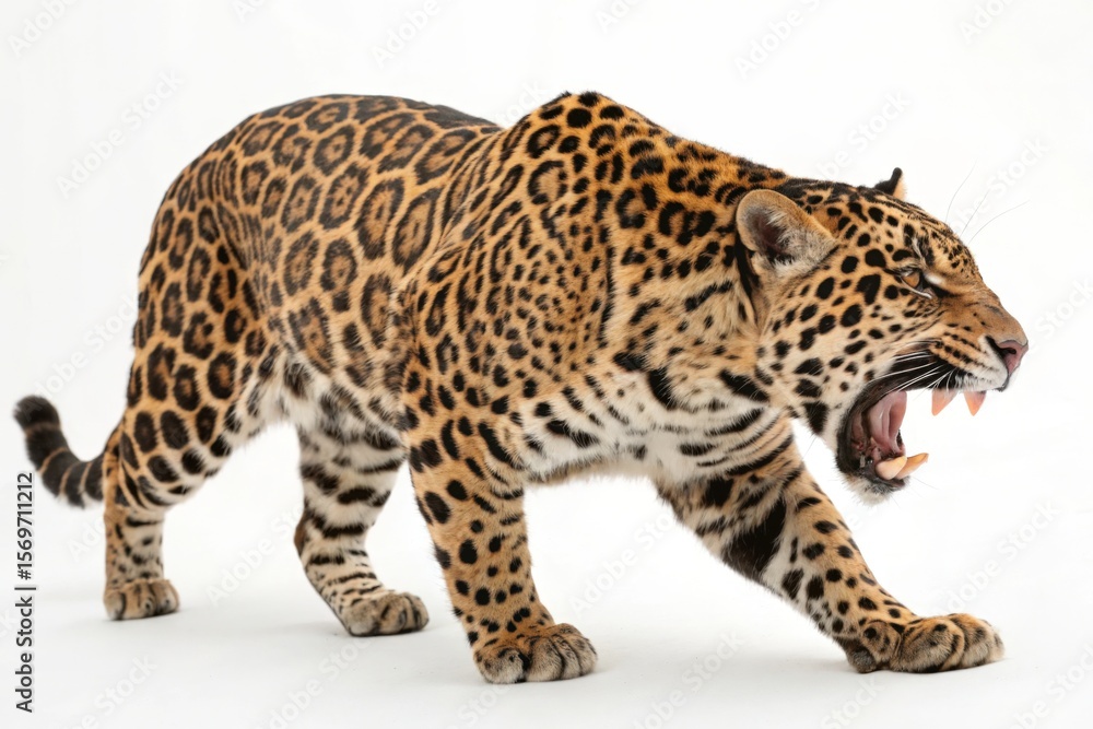 Obraz premium Magnificent Jaguar: Powerful Big Cat in Profile, Roaring Isolate on White Background