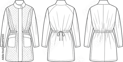 flat vector illustration of quilted long jacket cad drawing technical fashion sketch front back view detailed design