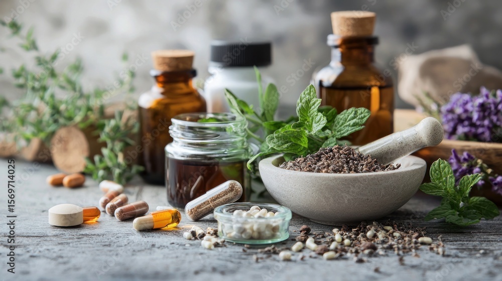 A wooden table with a variety of herbal remedies, including herbs, bottles, and a mortar and pestle, surrounded by flowers and leaves. A wooden table with a variety of herbal remedies, including herbs, bottles, and a mortar and pestle, surrounded by flowers and leaves.