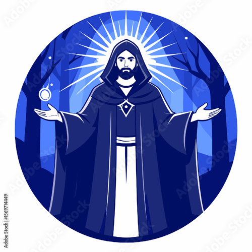 Monochromatic Digital Illustration of A Wizard in Cloak with Magic Orb in Forest with Divine Light