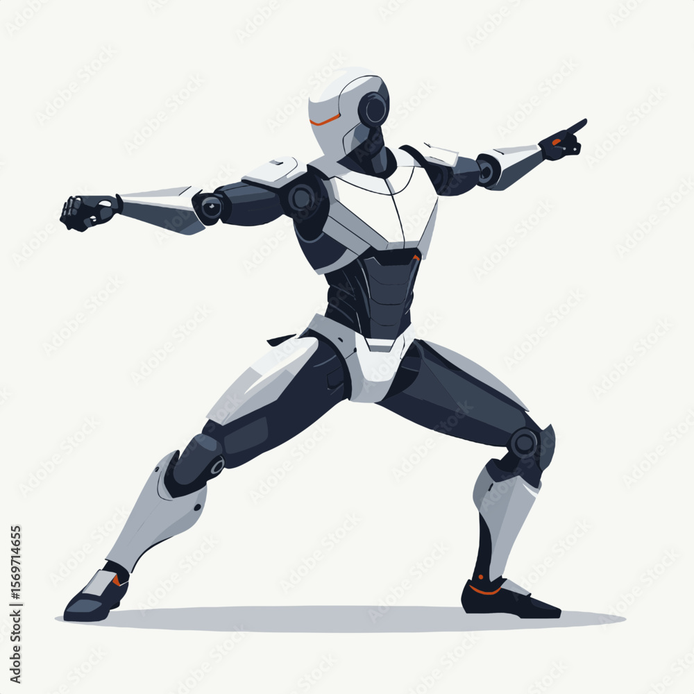 Naklejka premium Pixel Art Illustration of White and Gray Robot Posing Dynamically in a Studio Setting with Clean Background and Clear Geometric Design