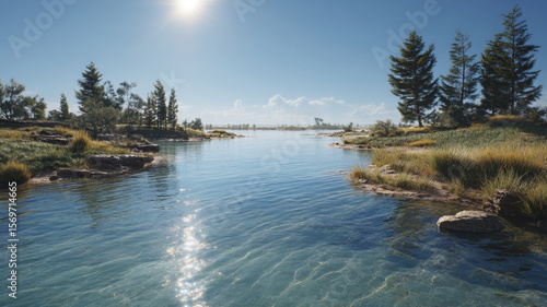 A tranquil lake scene.  Light, clear water reflects the sunlight and sky. The water is shallow, and the sandy shore is visible.  Green grass and small trees line the shore.  Light beige-colored dunes 