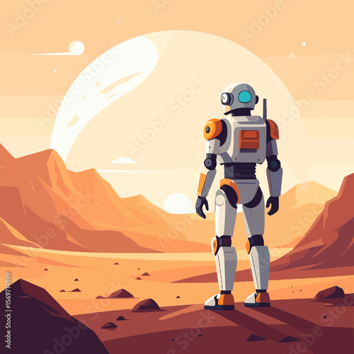 Pixel Art of White and Orange Robot Standing on Mars Landscape with Large Moon in Background Sci Fi Futuristic