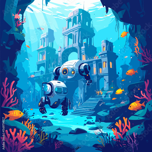Pixel Art of Submersible Robot Exploring Ancient Ruins Underwater with Marine Life and Coral Reef in Blue and Teal Color Palette