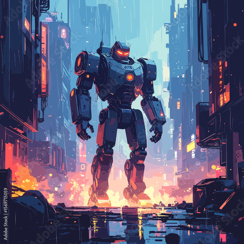 Pixel Art Style of a Large Robot Standing in a Dystopian Cyberpunk City with Tall Buildings and Dark Blue and Red Lighting