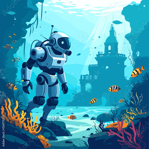 Pixelated Robot Exploring Underwater Coral Reefs and Aquatic Life in Blue Ocean with a Sunken Building