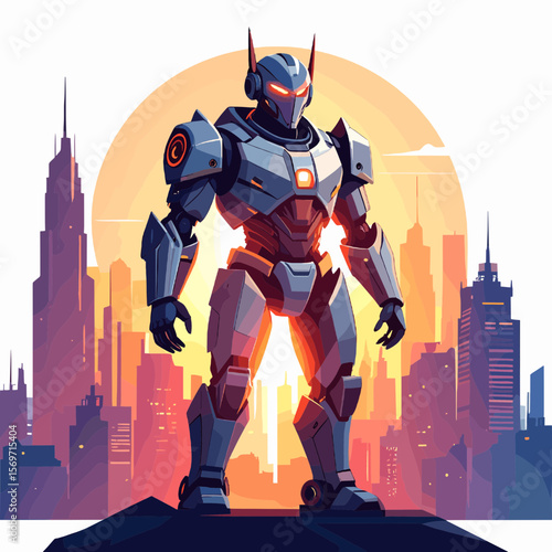 Powerful Steel Robot Standing Before a Vibrant Orange Sunset Cityscape Illustration Blending Modern Architecture and Futuristic Technology