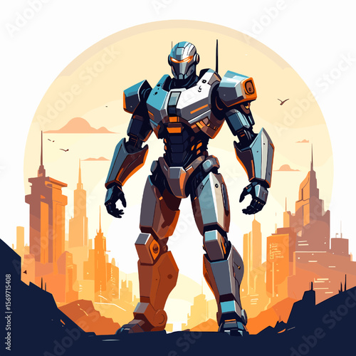 Powerful Robot Guardian Standing Tall Against Urban Cityscape Sunset Digital Art