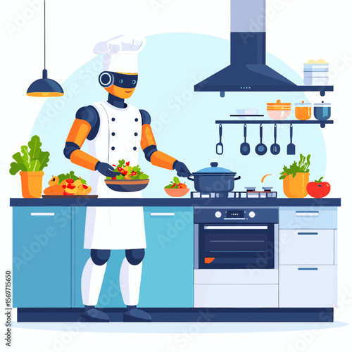 Robot Chef Preparing Salad in Modern Kitchen with Blue Accents Cooking with Pot on Stove And Vegetables on Counter