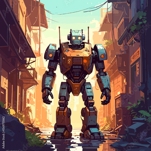 Robot Walking on Wet City Street with Old Buildings in Pixel Art Style Illustration