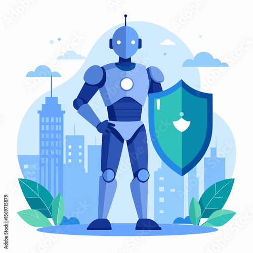 Robotic Guardian with Shield Stands Defiant Against Cityscape Featuring Buildings and Foliage in a Modern Technological Illustration