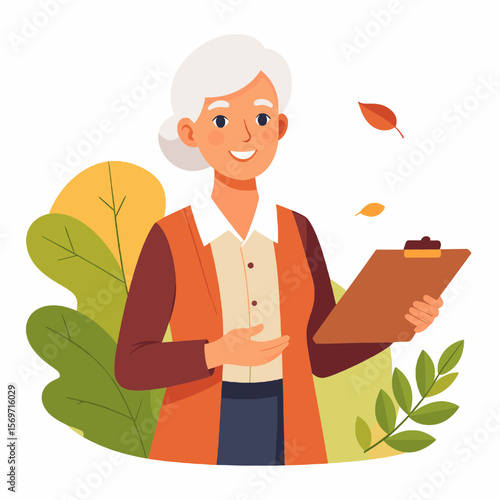 Senior Woman Holding Clipboard in an Autumnal Scene with Falling Leaves and Green Foliage