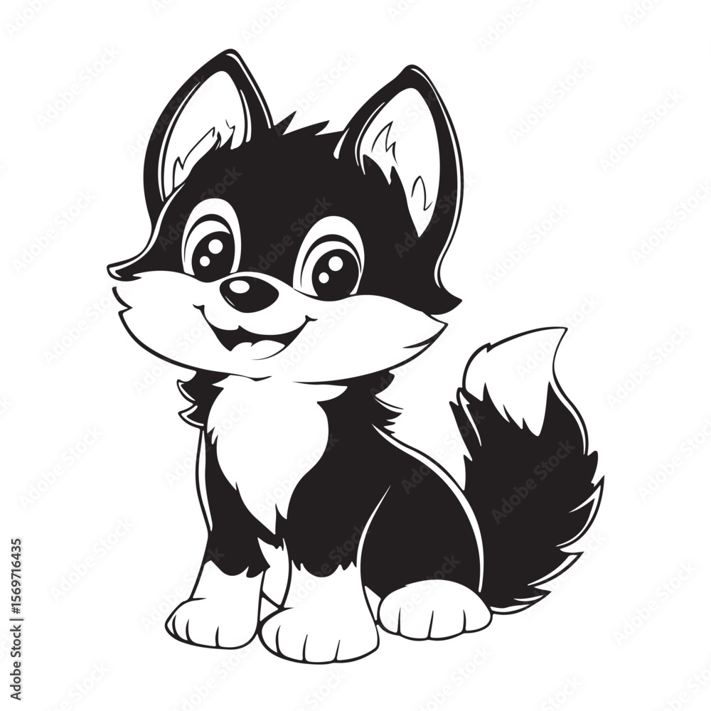 Obraz premium Cute kawaii wolf silhouette, Cute Wolf Vector Logo in Black and White Outline Design, 