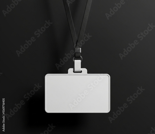 Blank Horizontal Id Badge On Black Lanyard, Hanging Freely With Shadow