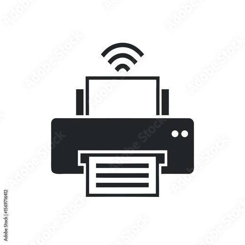Black printer icon with wifi signal and paper wireless technology