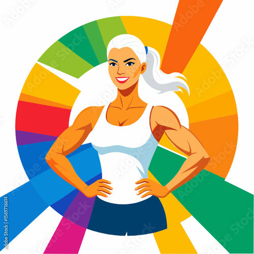 Strong Woman Posing with Arms on Waist against a Colorful Circular Rays Background Fitness and Gym Concept in Digital Art