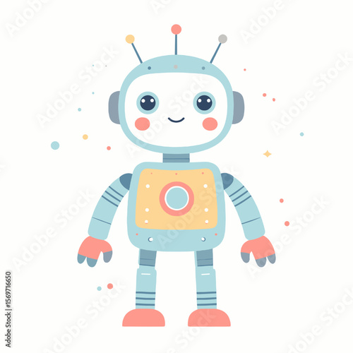 Stylized Cartoon Robot with Blue and Pink Color Palette Featuring Geometric Shapes on a White Background for Childrens Designs