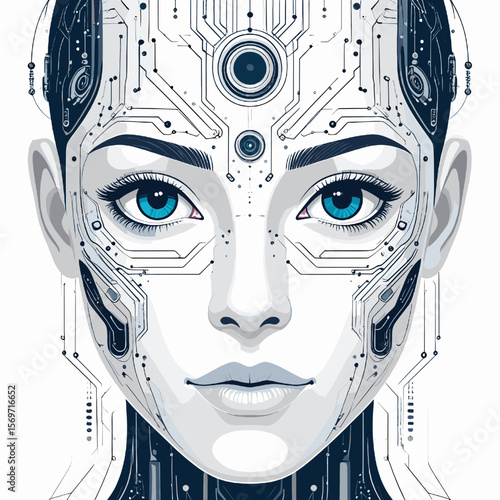 Stylized Digital Artwork Depicting an AI Robot Face with Intricate Circuit Details and Striking Blue Eyes on White Background