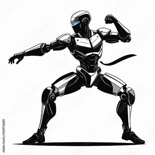 Stylized Robot Figure in Dynamic Pose White Background Chrome and Black Color Palette