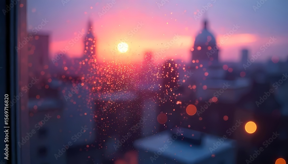 Fototapeta premium Sunset Cityscape Silhouette with RainKissed Window in Pink and Purple Hues, Urban Environment, Atmospheric Viewpoint