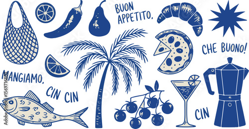 Vector art of italian food and drink collage with italian phrases