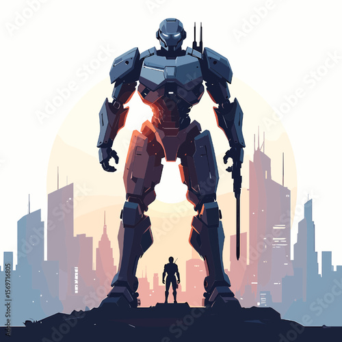 Towering Robot Silhouette Against a Cityscape at Sunset with Warm Colors Pixel Art Style