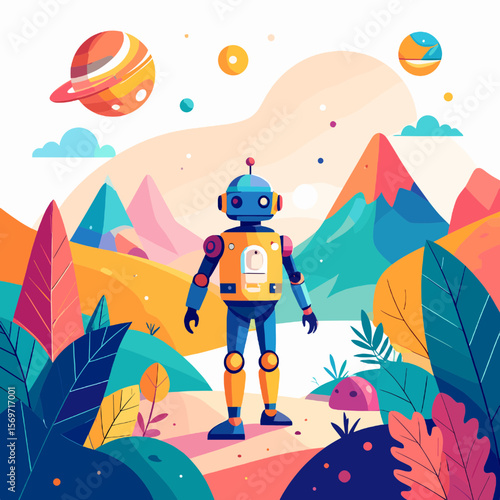 Vibrant Cartoon Robot Exploring Colorful Planet Landscape With Mountains and Plants Under a Whimsical Sky In Space