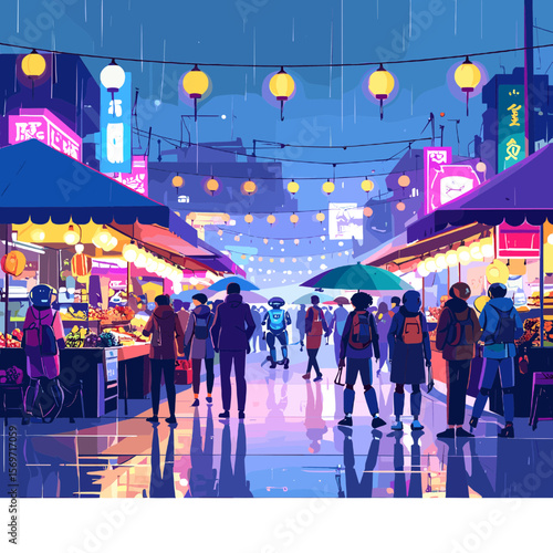 Vibrant Night Market Scene with Crowds Lanterns and Neon Lights in a Busy Asian City with Vendors and Stalls Geometric Digital Art