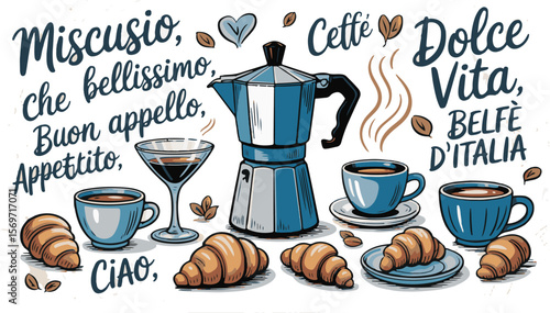 Vector art of italian coffee and croissant breakfast
