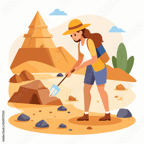 Woman Archaeologist Digging Sand in a Hot Desert near Pyramid Using Garden Fork with Rocks and Boulders in an Ancient Archaeology Exploration Site Under Bright Sky