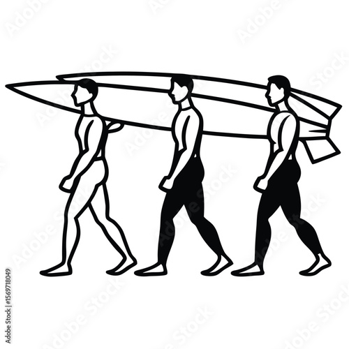 Three Men Walking Carrying Long Surfboards Black White Line Art Graphic vector