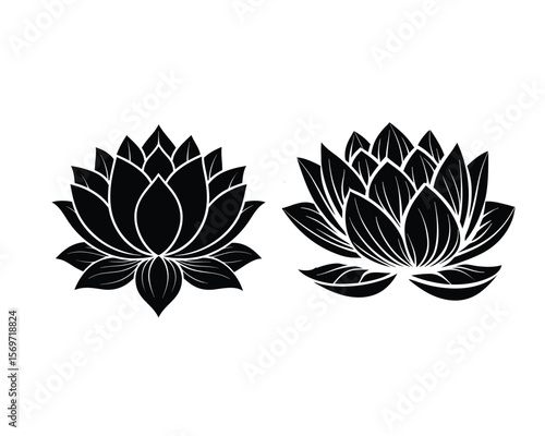 A simple, stylized, black silhouette of a lotus flower against a white background.