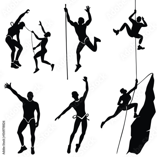 Six Black Silhouettes of Athletes Engaging in Various Sports Activities Including Climbing Rappelling and Pole Vaulting