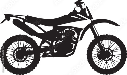  silhouette of a dirt bike motorcycle with knobby tires and detailed engine in black and white off-road design