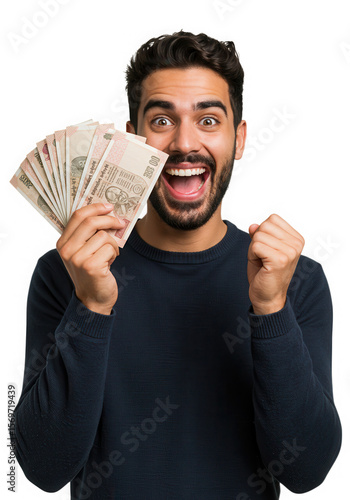 Excited man holding indian rupees isolated on transparent background