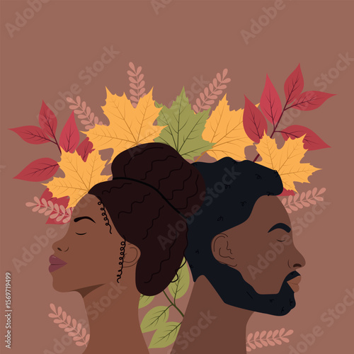 African american couple portrait with autumn leaves. Dia da Consciencia Negra. African American History or Black History awareness