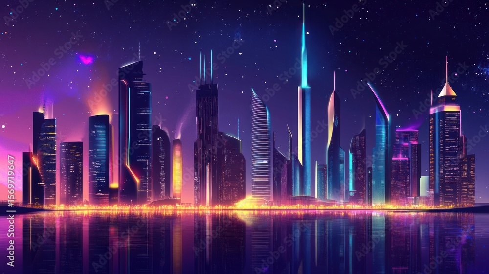 Futuristic city skyline at night Futuristic city skyline at night