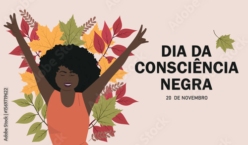 Black Awareness Day  banner with African american woman. Dia da consciencia negra horizontal vector banner. 20 November