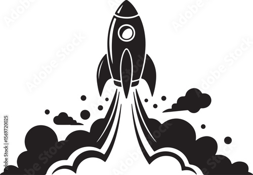 silhouette of a cartoon rocket launching into space with clouds and smoke trails in bold black and white style