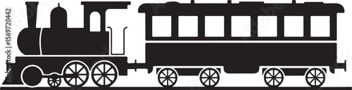 vintage steam locomotive silhouette with passenger coach on railway track in classic black and white illustration style