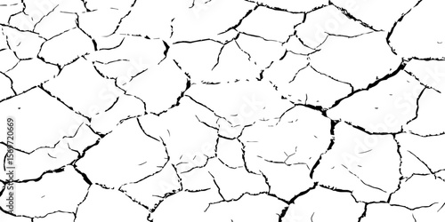 Black and white cracked earth texture, depicting dryness and erosion. Ideal for climate change, drought, desertification, or natural disaster themes in art, design, or environmental awareness.
