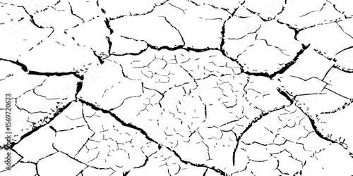 Black and white cracked earth texture, depicting dryness and erosion. Ideal for climate change, drought, desertification, or natural disaster themes in art, design, or environmental awareness.