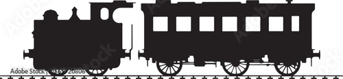 vintage steam locomotive silhouette with passenger coach on railway track in classic black and white illustration style