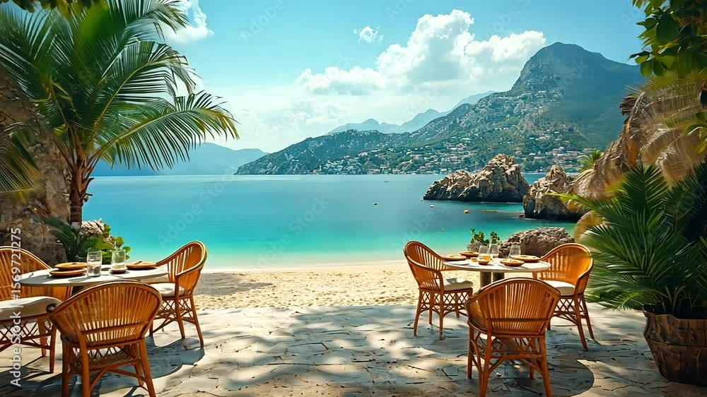 Serene beachside restaurant with wicker chairs overlooking a tranquil sea and mountains